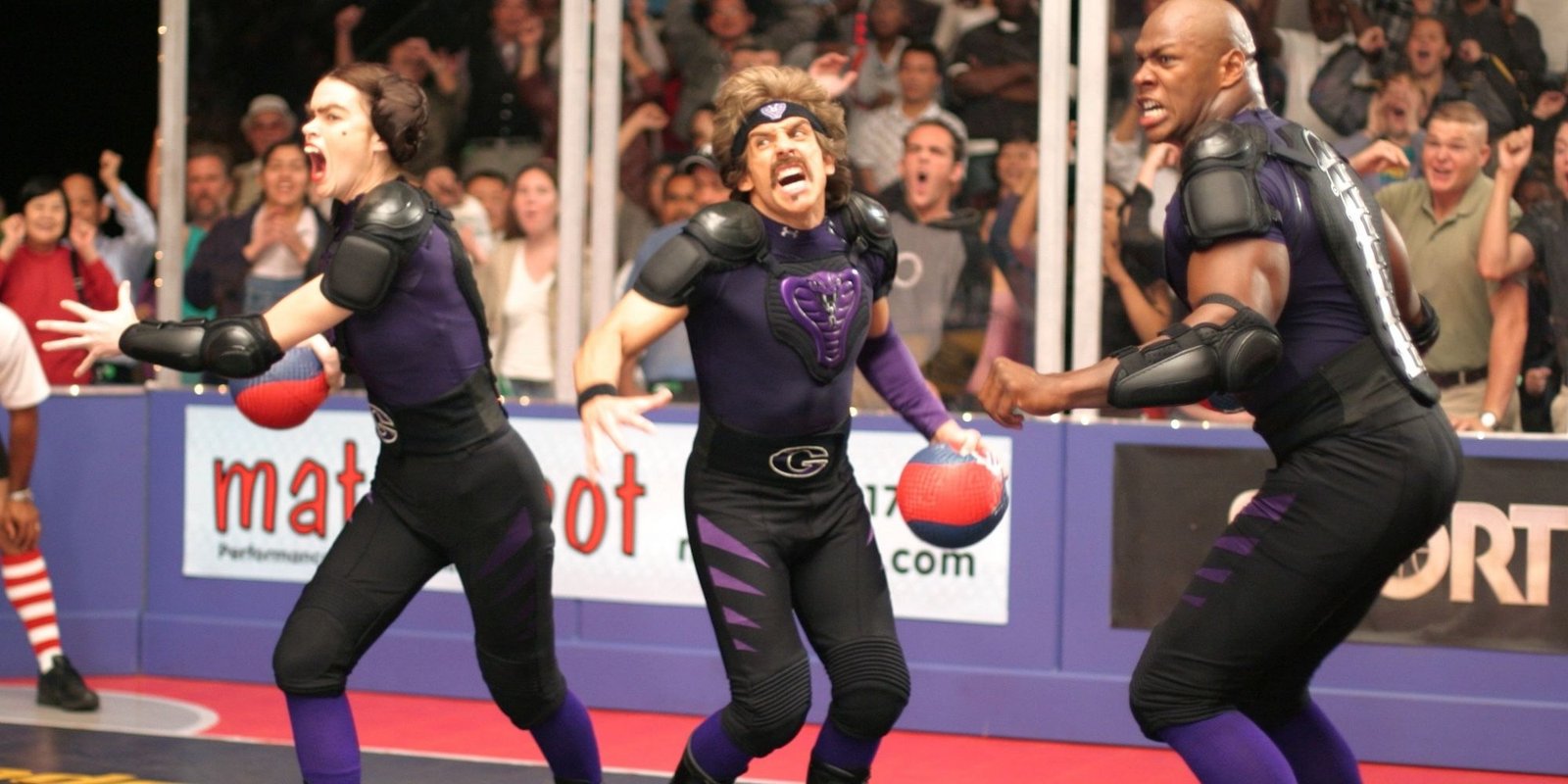 White Goodman (Ben Stiller), Fran Stalinovskovichdaviddivichski (Missi Pyle) and Me'Shell Jones (Jamal Duff) angrily throwing dodgeballs in Dodgeball: A True Underdog Story.