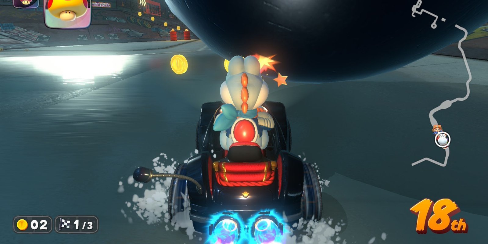 Giant Yoshi taking no damage from a Chomp in Mario Kart World