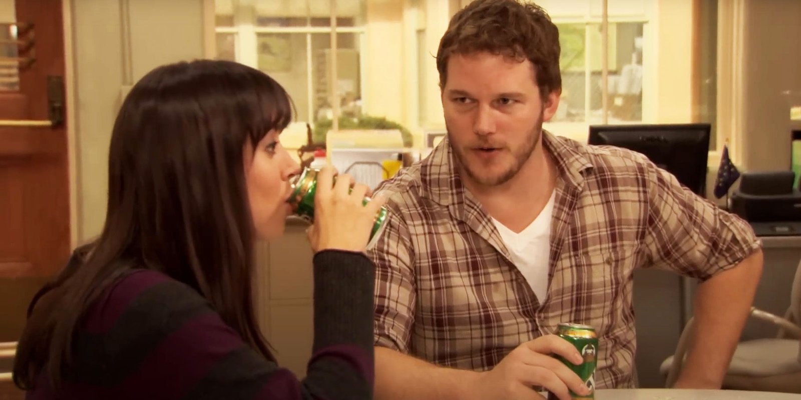 Parks and Rec hunting trip episode April and Andy drinking sodas