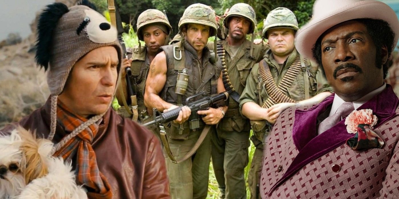 Collage of stills from Seven Psychopaths, Tropic Thunder, and Dolemite Is My Name