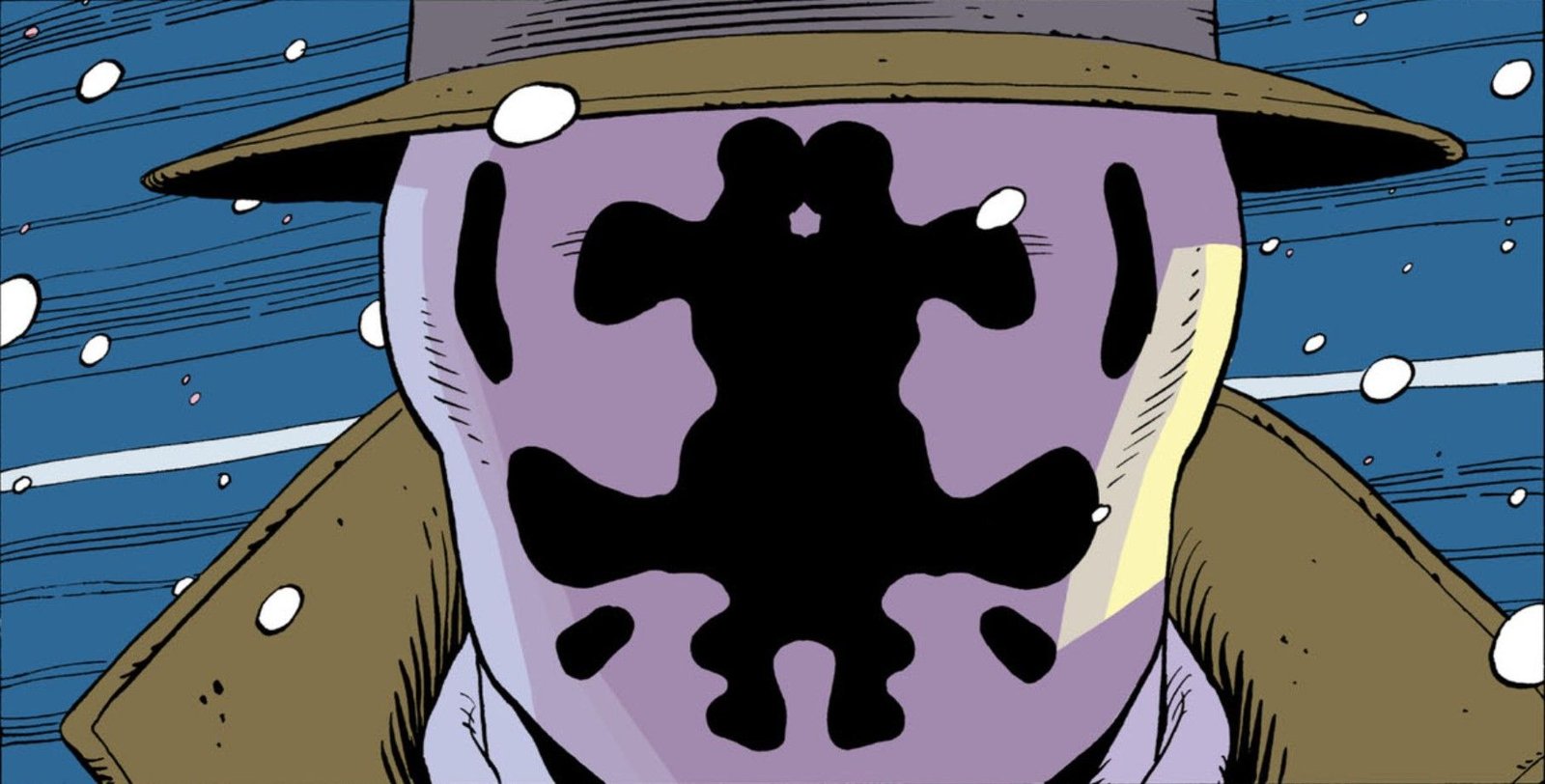 Close up of Rorschach in the snow from Watchmen.