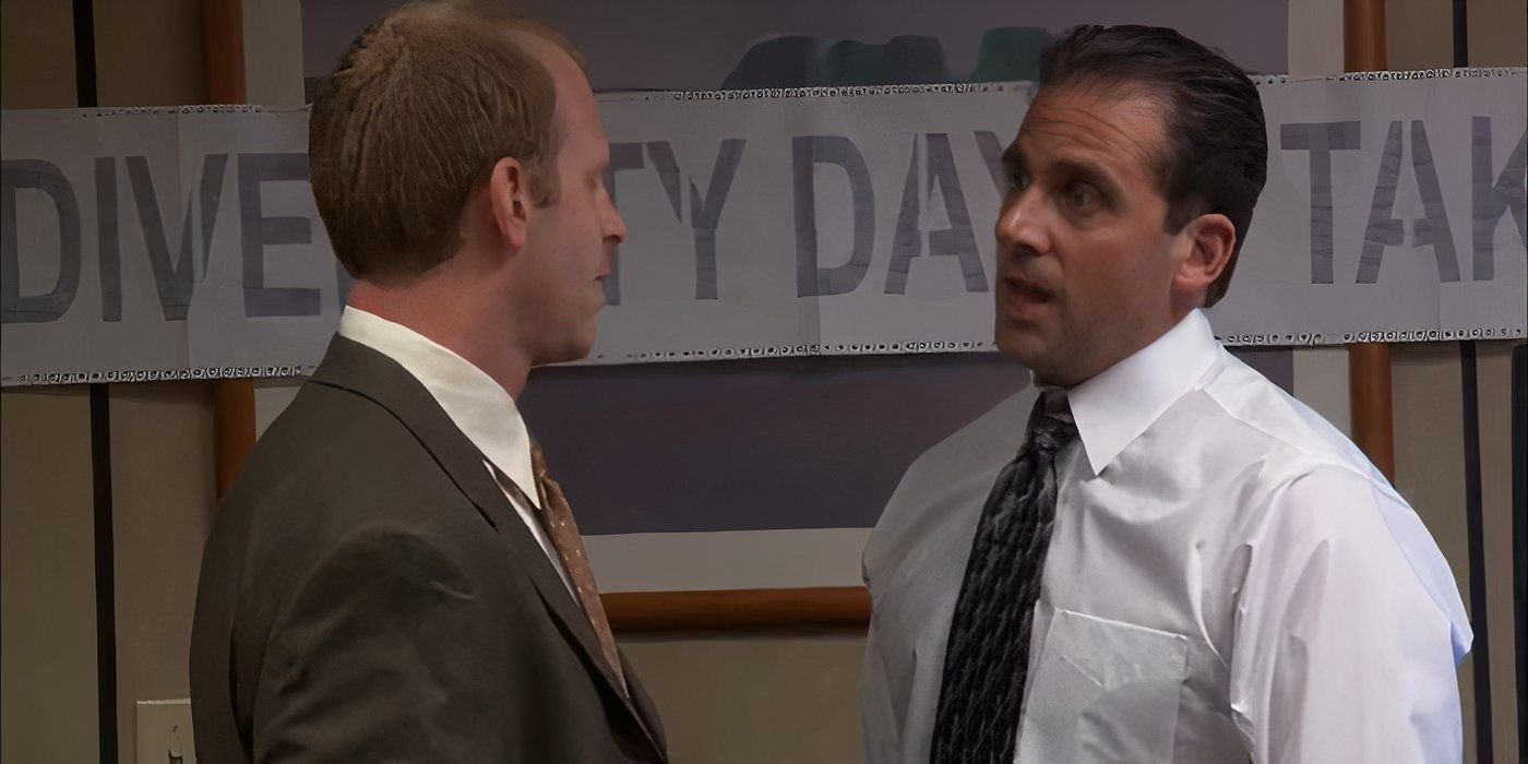 Michael arguing with Toby before kicking him out of the conference room in The Office season 1 episode “Diversity Day.”