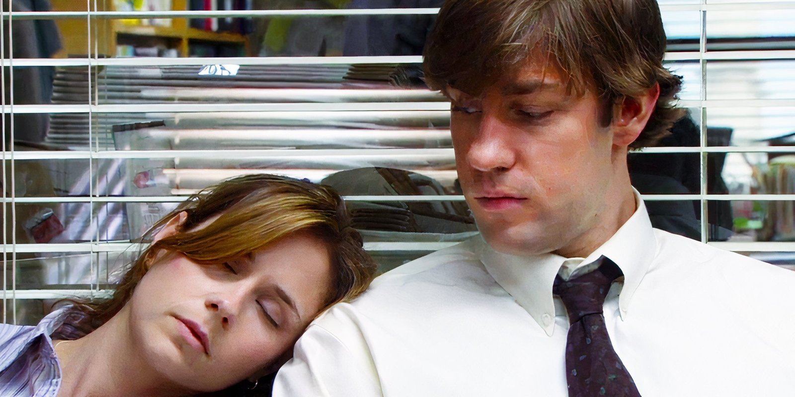 7 Harsh Realities Of Rewatching The Office Season 1 5 Pam asleep on Jim's shoulder in the Diversity Day episode of The Office