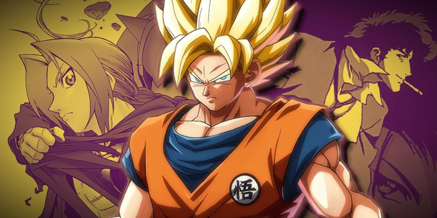 10 Celebrities Who Love Anime Just as Much as You Do 5 Image of Super Saiyan Goku over a collage of Edward from Fullmetal Alchemist and Spike from Cowboy Bebop