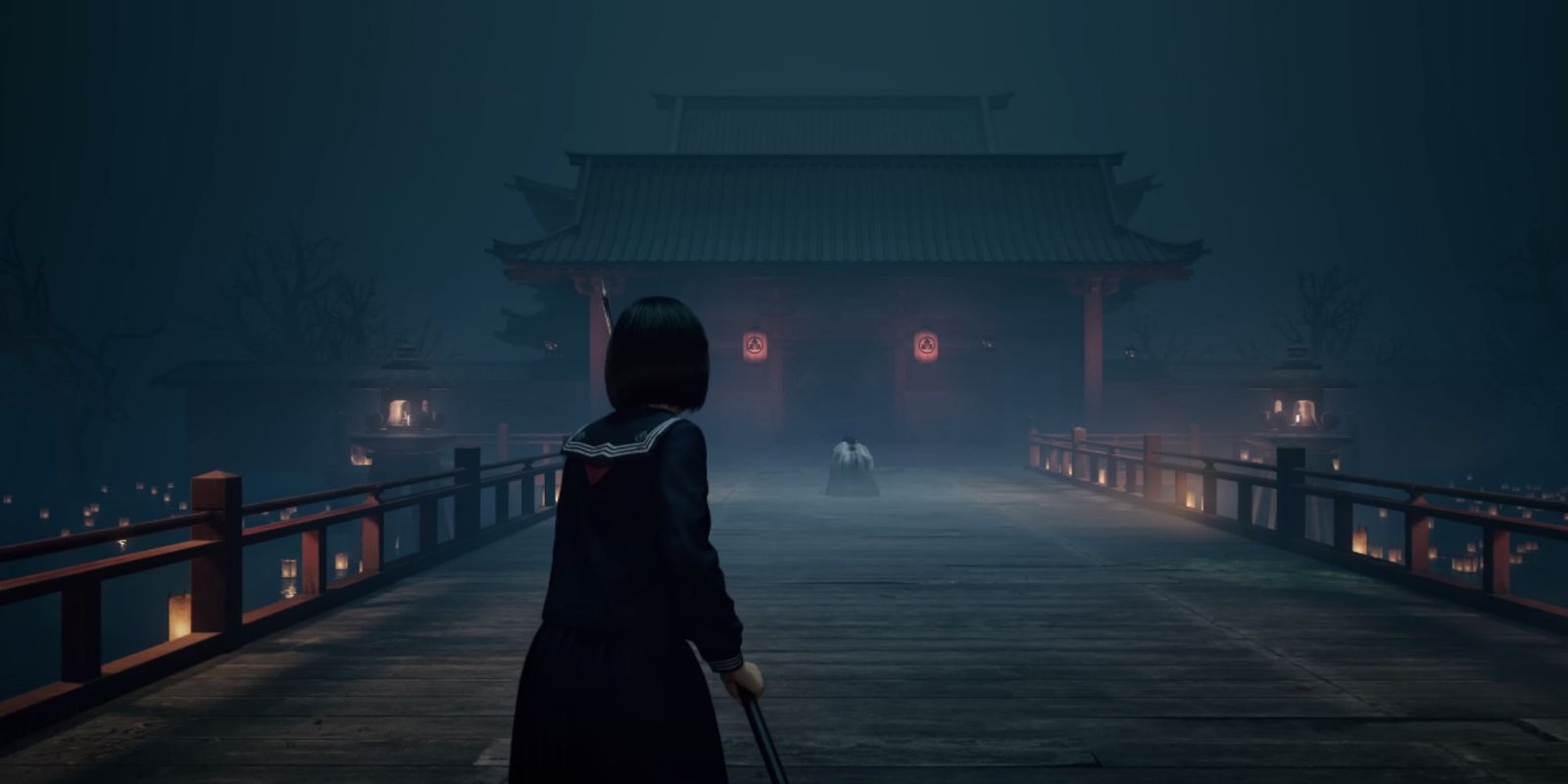 Hinako wielding a glaive at a shrine in Silent Hill f