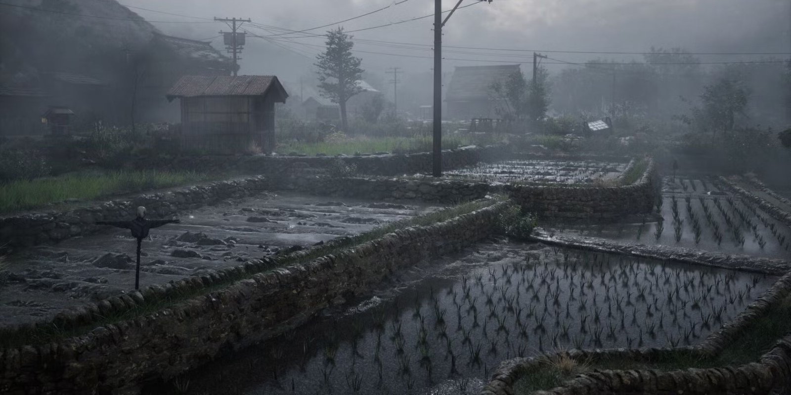 a foggy scene in of rice paddies in Silent Hill f
