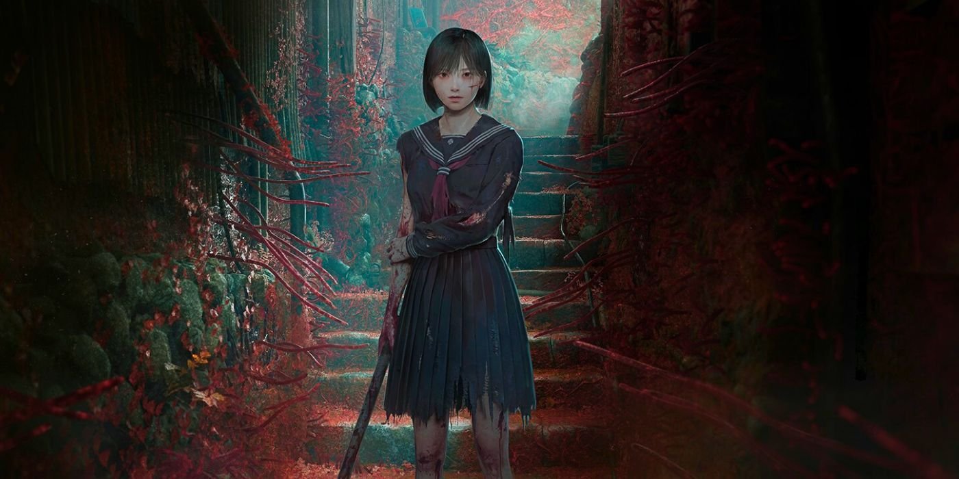 Silent Hill F's New Footage Has Me Excited For Future Projects In Unique Locations 6 Shimizu Hinako standing with a pipe, surrounded by red fleshy vines in Silent Hill f