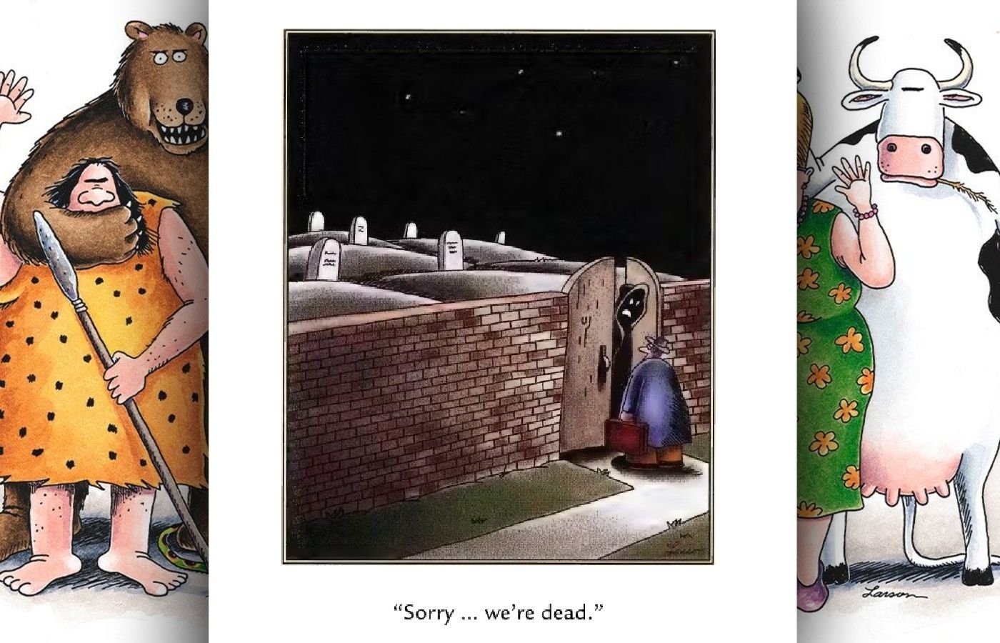 far side comic where salesman tries to sell to ghosts