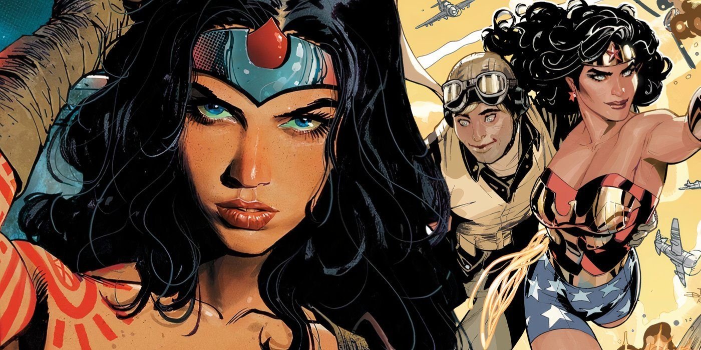 How DC Undermined Wonder Woman By Villainizing Her Legacy 7 Comic book art: Absolute Wonder Woman in front of DCU Wonder Woman and Steve Trevor flying.