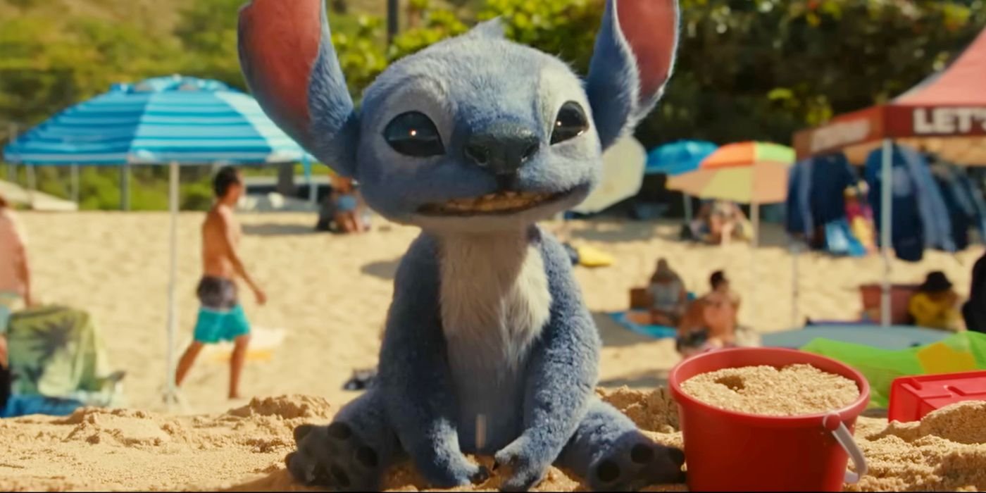 Stitch smiling on the beach in Lilo & Stitch 2025