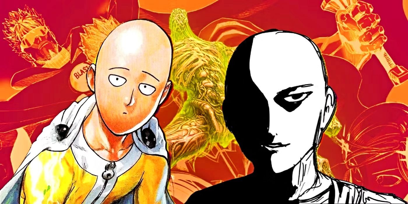 One-Punch Man Saitama manga and webcomic version in front of blast and god