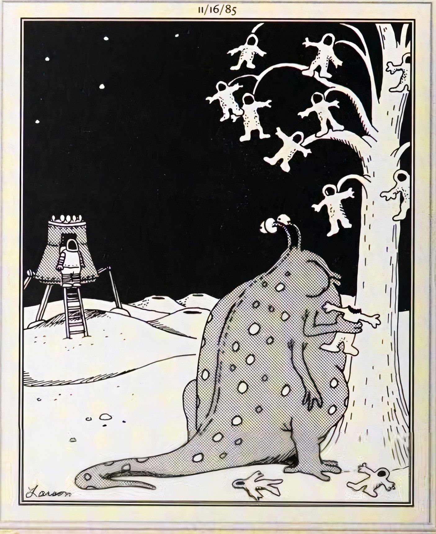 Far Side, November 16, 1985, alien eating astronauts off a tree sees another landing nearby