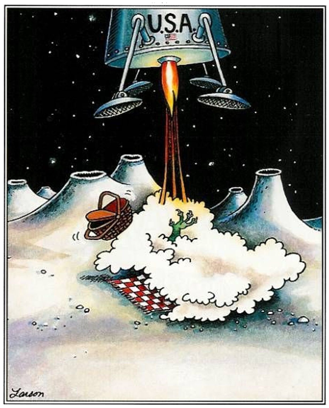 the far side a moon lander descends, with its thrusters killing an alien who is on a picnic