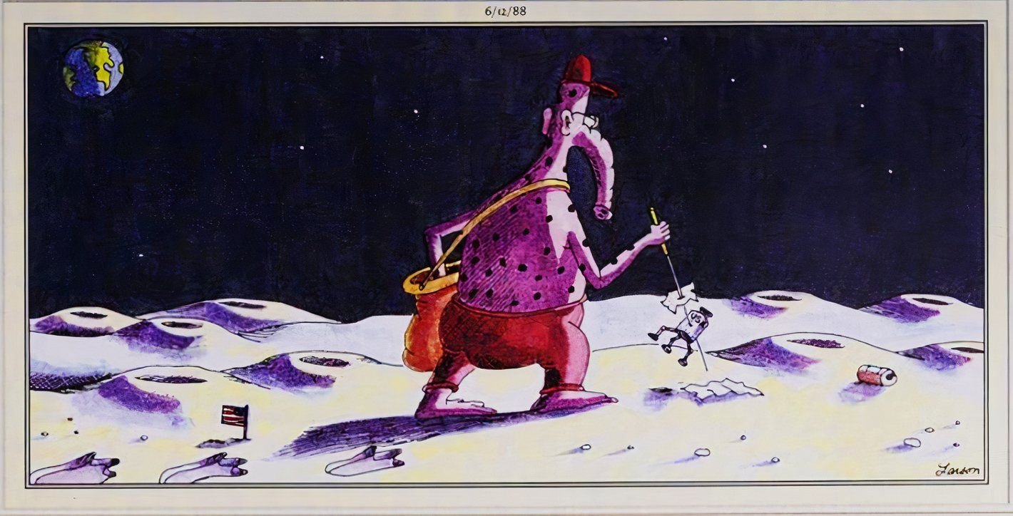 Far Side, June 12, 1988, a giant alien custodian spears the lunar landing module like a piece of trash