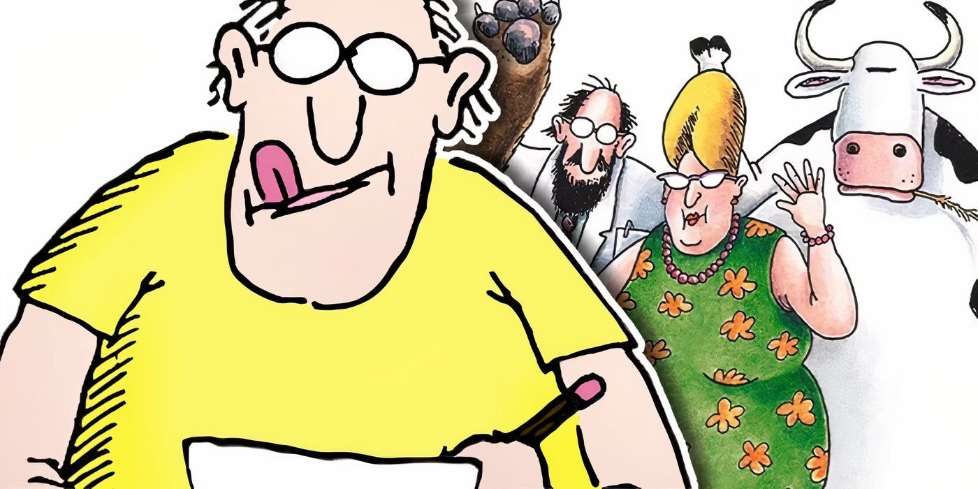 10 Classic Far Side Comics About the Perils of Space Travel 11 A man in a yellow shirt writing on a piece of paper while a bearded man, a woman, and a cow wave behind him in The Far Side.