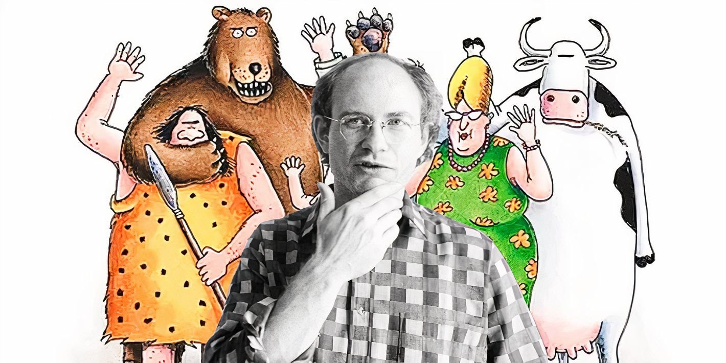 8 Far Side Comics That Prove Cryptids Really Do Exist 4 Gary Larson (black and white, foreground) with the Far Side cast in color behind him