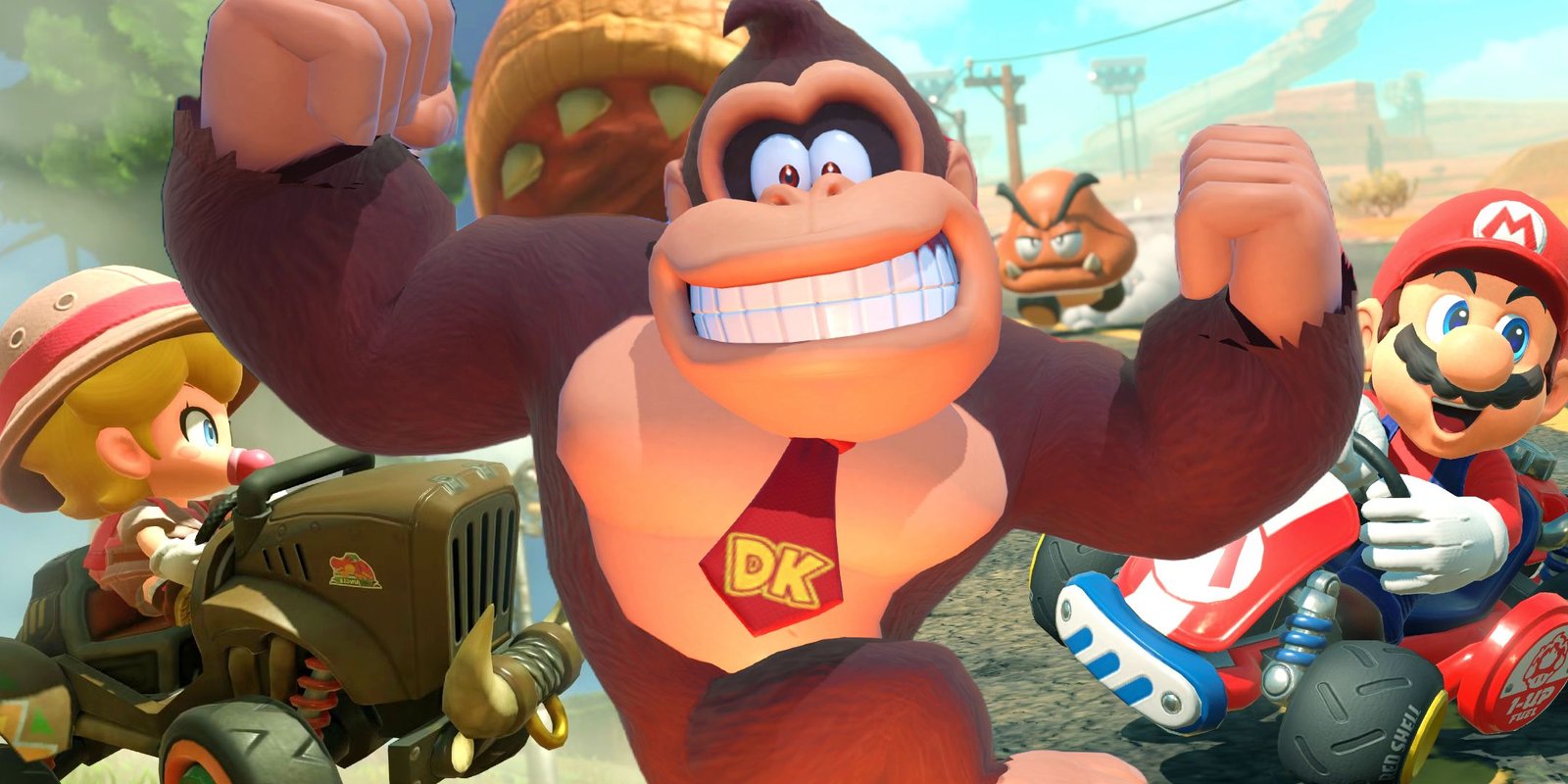Donkey Kong in Mario Kart World with scenes from the game in the background.