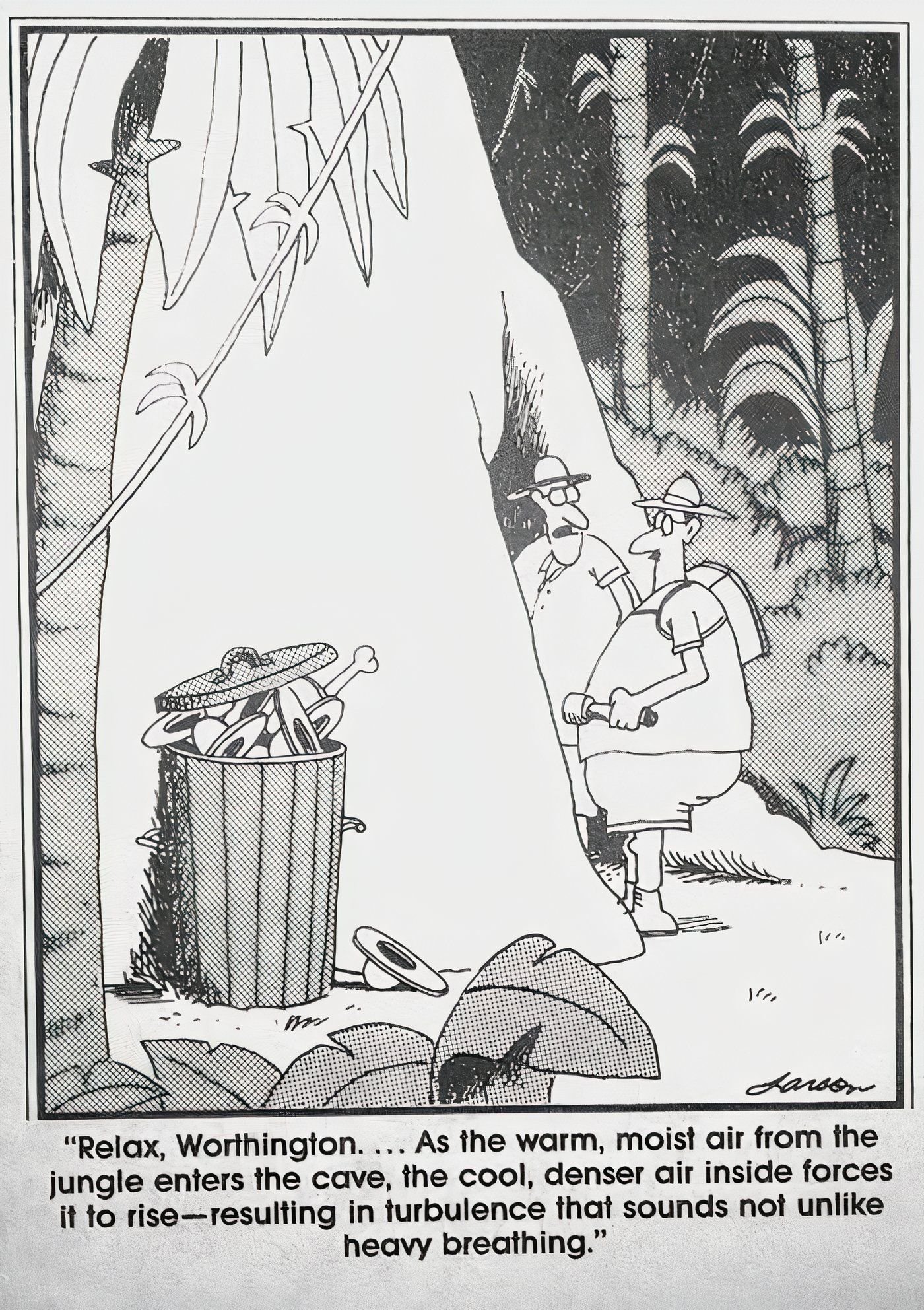 Two explorers entering a dangerous cave in The Far Side.