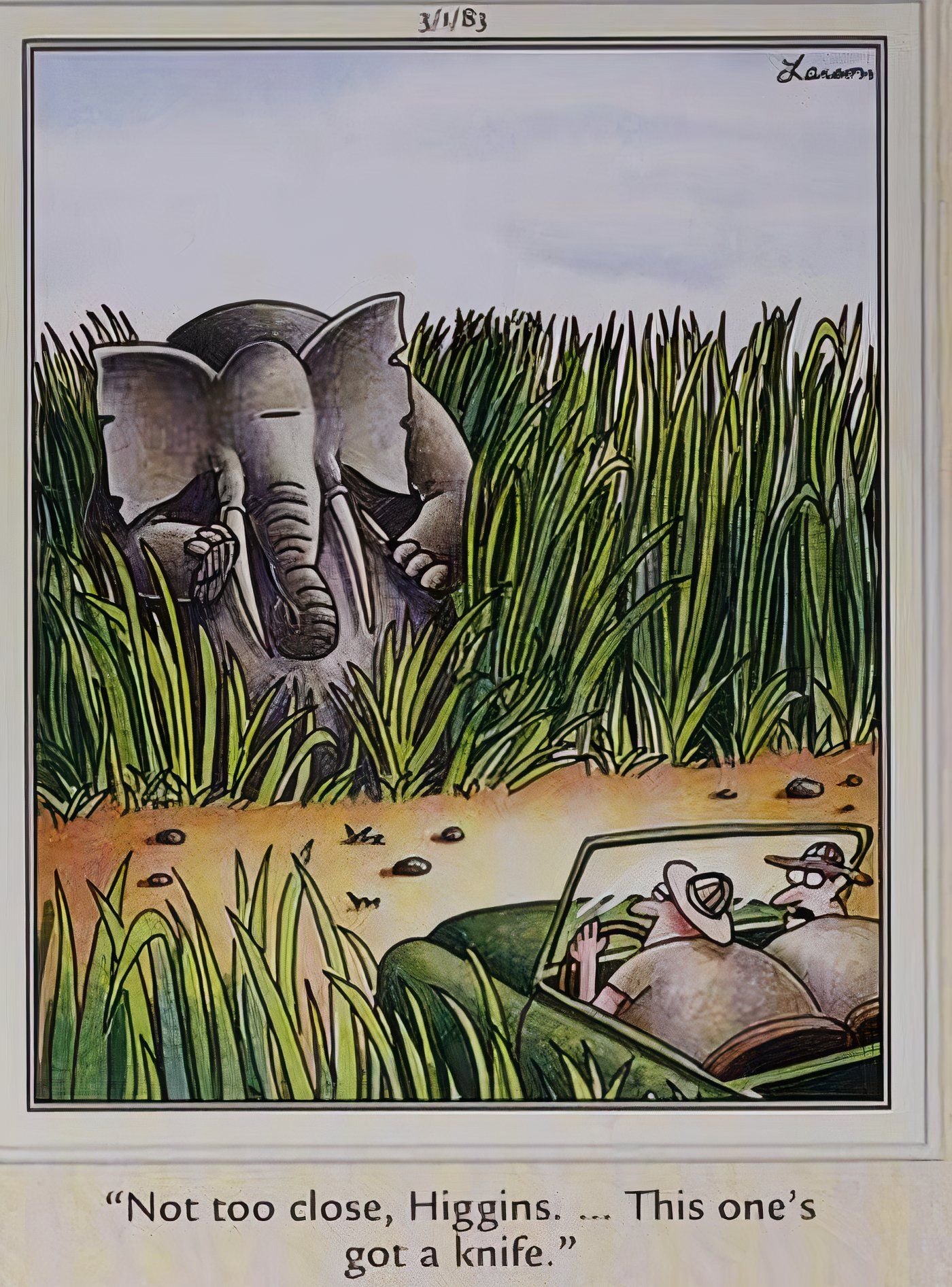 An elephant threatening to kill two explorers with a knife in The Far Side.