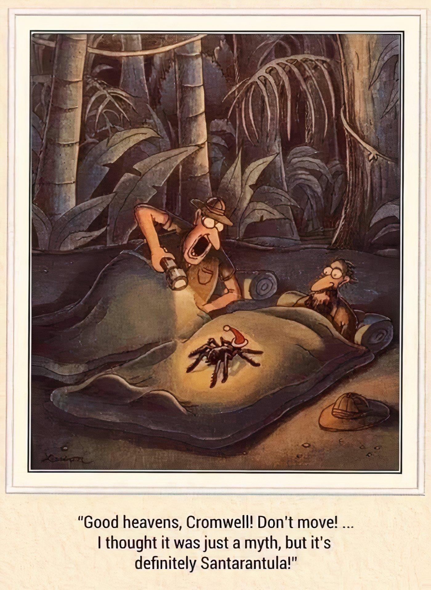 A spider crawling on an explorer's sleeping bag in The Far Side.