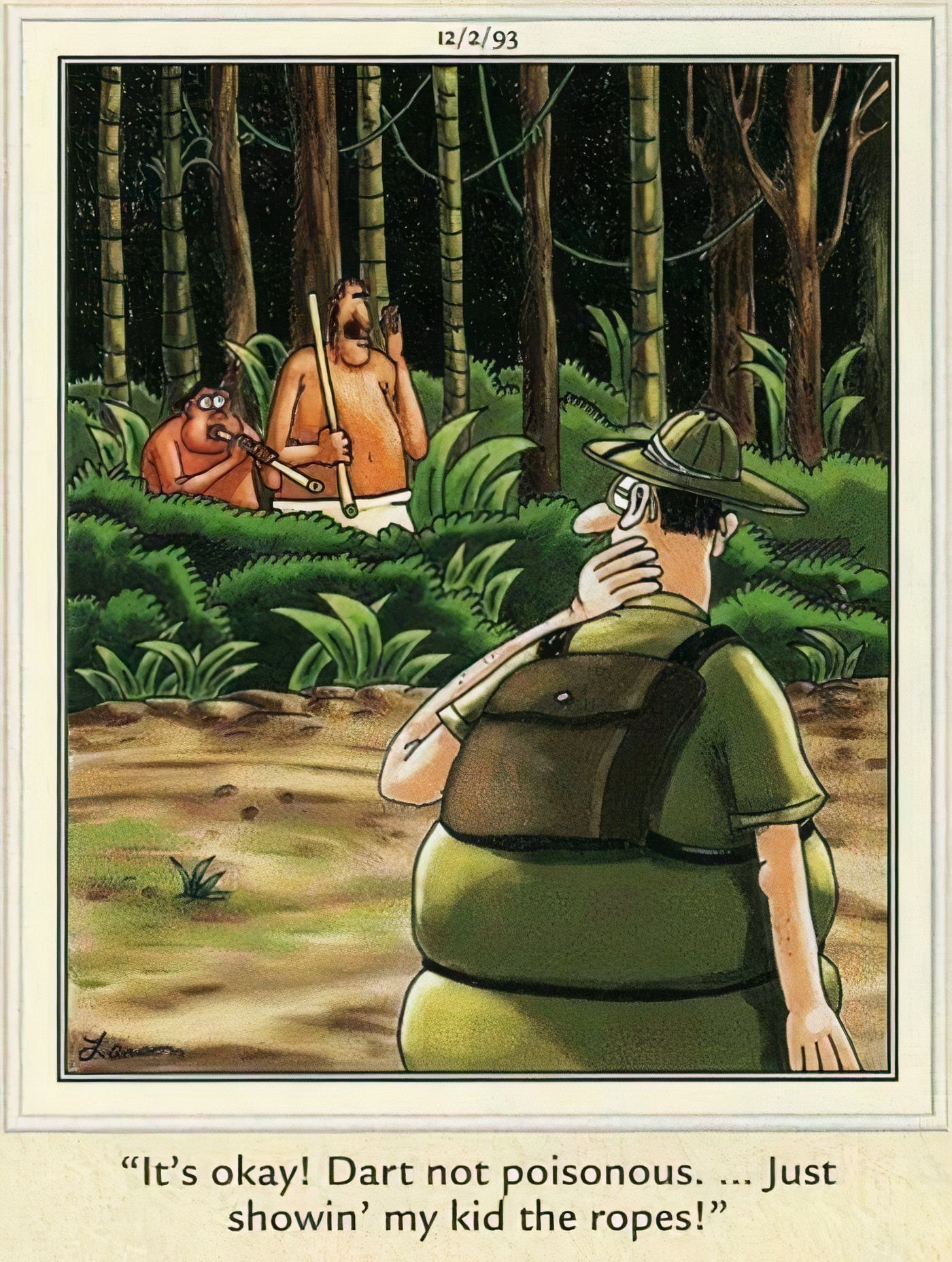 An explorer getting shot in the neck with a dart in The Far Side.
