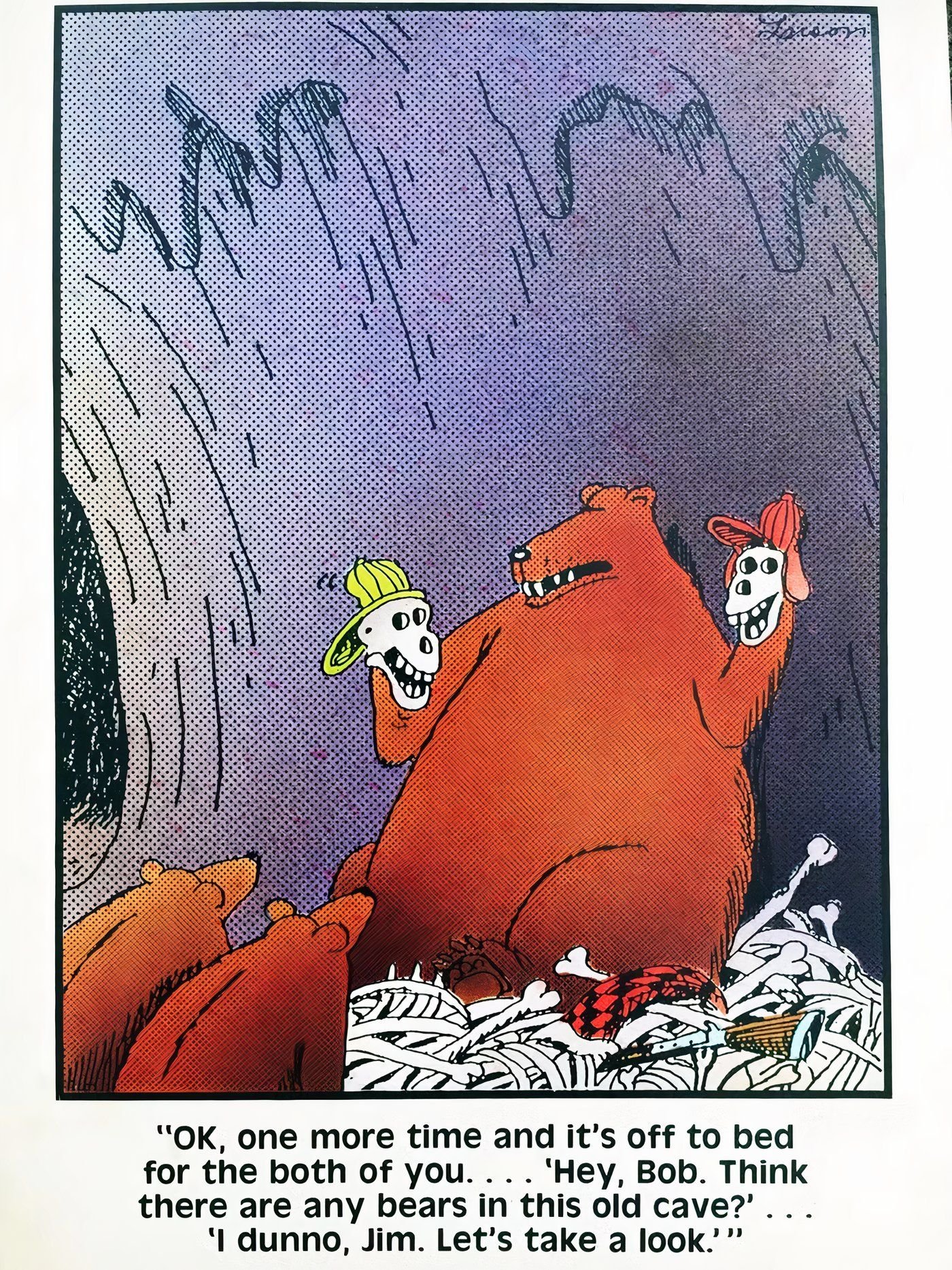 A bear using human skulls as puppets in The Far Side.