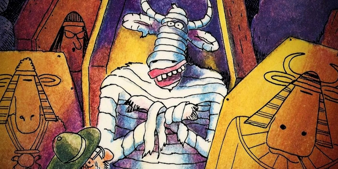 Far Side, a mummified cow is found inside a sarcophagus by a curious archaeologist.