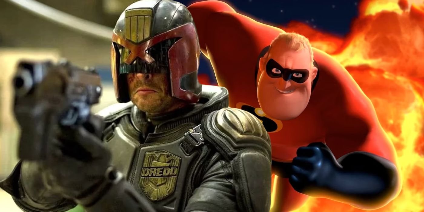 James Gunn's Recent Superman Comments Prove Why His Version Of The Man Of Steel Is Perfect For Right Now 4 Split image of Judge Dredd (Karl Urban) pointing a gun and Mr. Incredible (Craig T. Nelson) smiling and running towards the viewer
