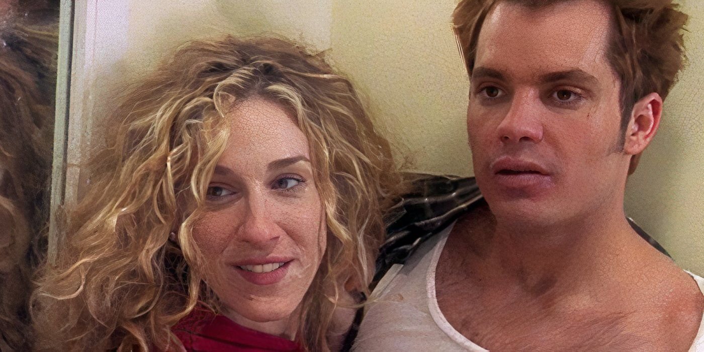 Carrie (Sarah Jessica Parker) and Sam (Timothy Olyphant) caught post-makeout in a change room in Sex and the City