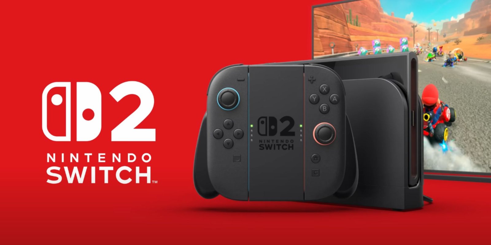 Switch 2 next to a TV with Mario Kart World on it