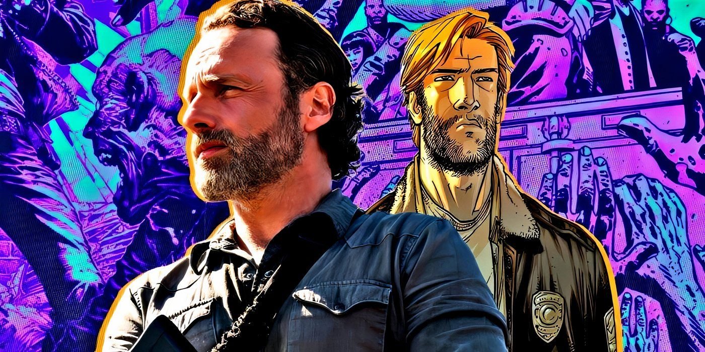 Walking Dead Creator Calls Out How Pop Culture Depicts Southerners: "Just Doing My Part" 3 Live-action and comic book Rick Grimes side-by-side in front of comic panels featuring zombies in The Walking Dead.