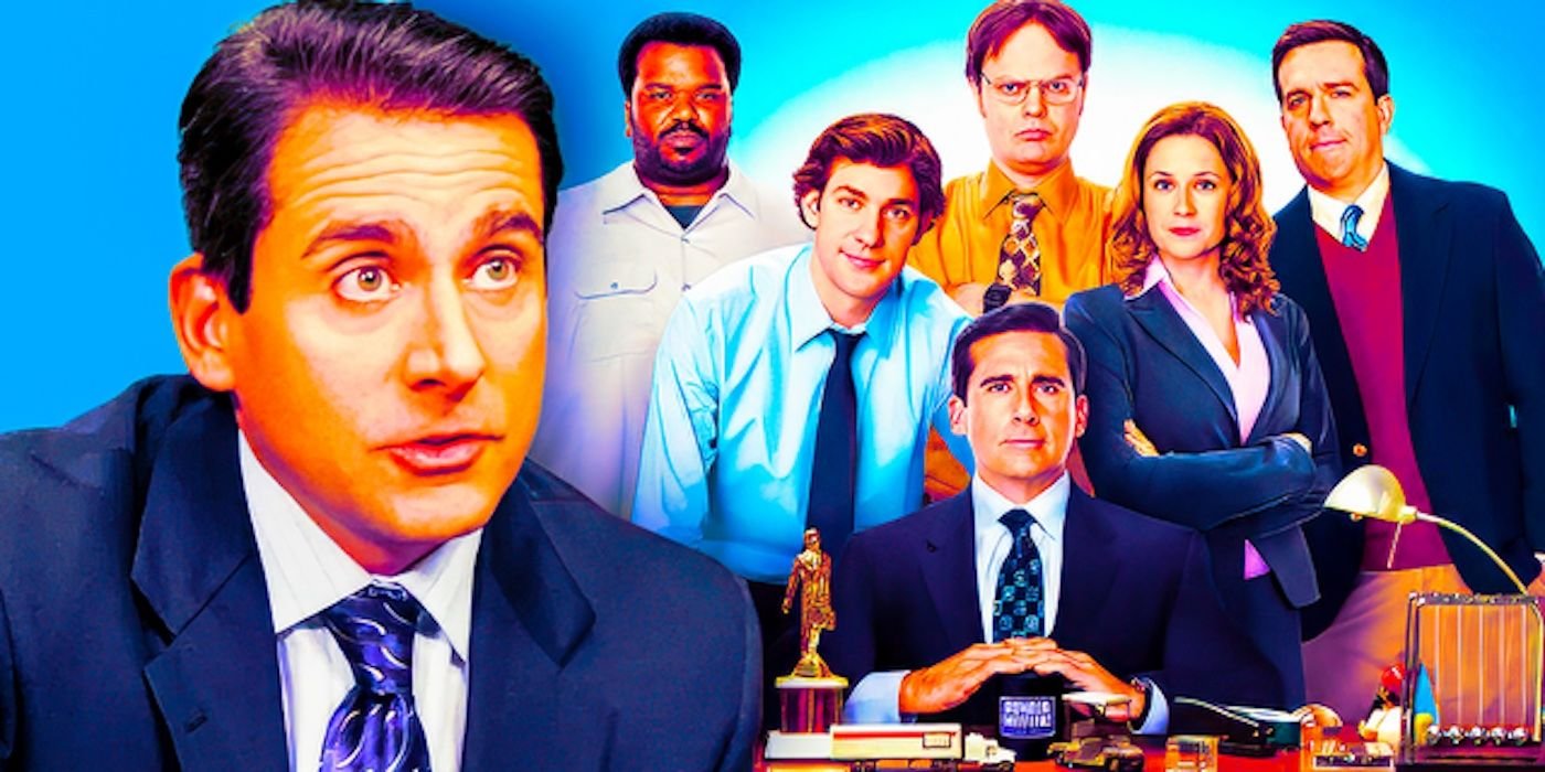 7 Harsh Realities Of Rewatching The Office Season 1 9 Custom image featuring Steve Carrell's Michael Scott in closeup and the main cast of The Office US