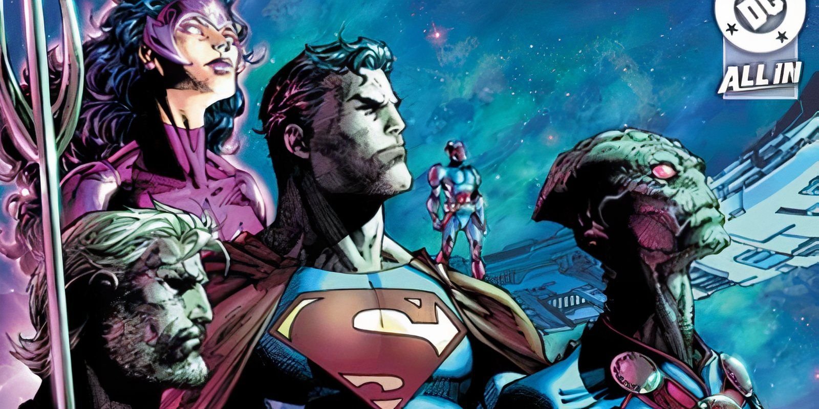 After 22 Years, Superman Is Finally Fighting the 1 Superpower He's Scared Of 3 Comic book artL superman aquaman star sapphire atom and martian manhunter all look into the distance.
