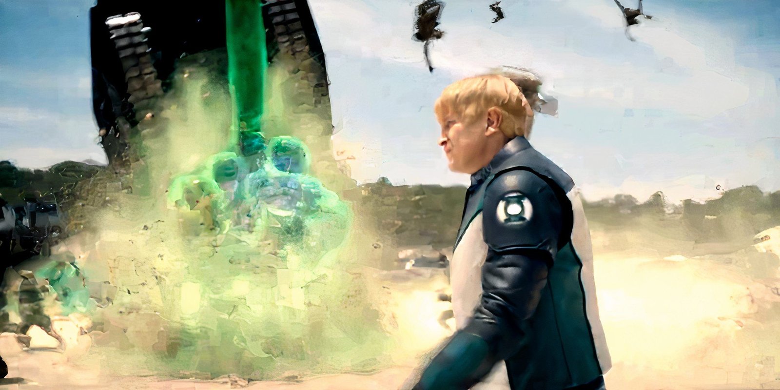 Nathan Fillion's Guy Gardner creates a hand showing a middle finger flipping a tank in Superman