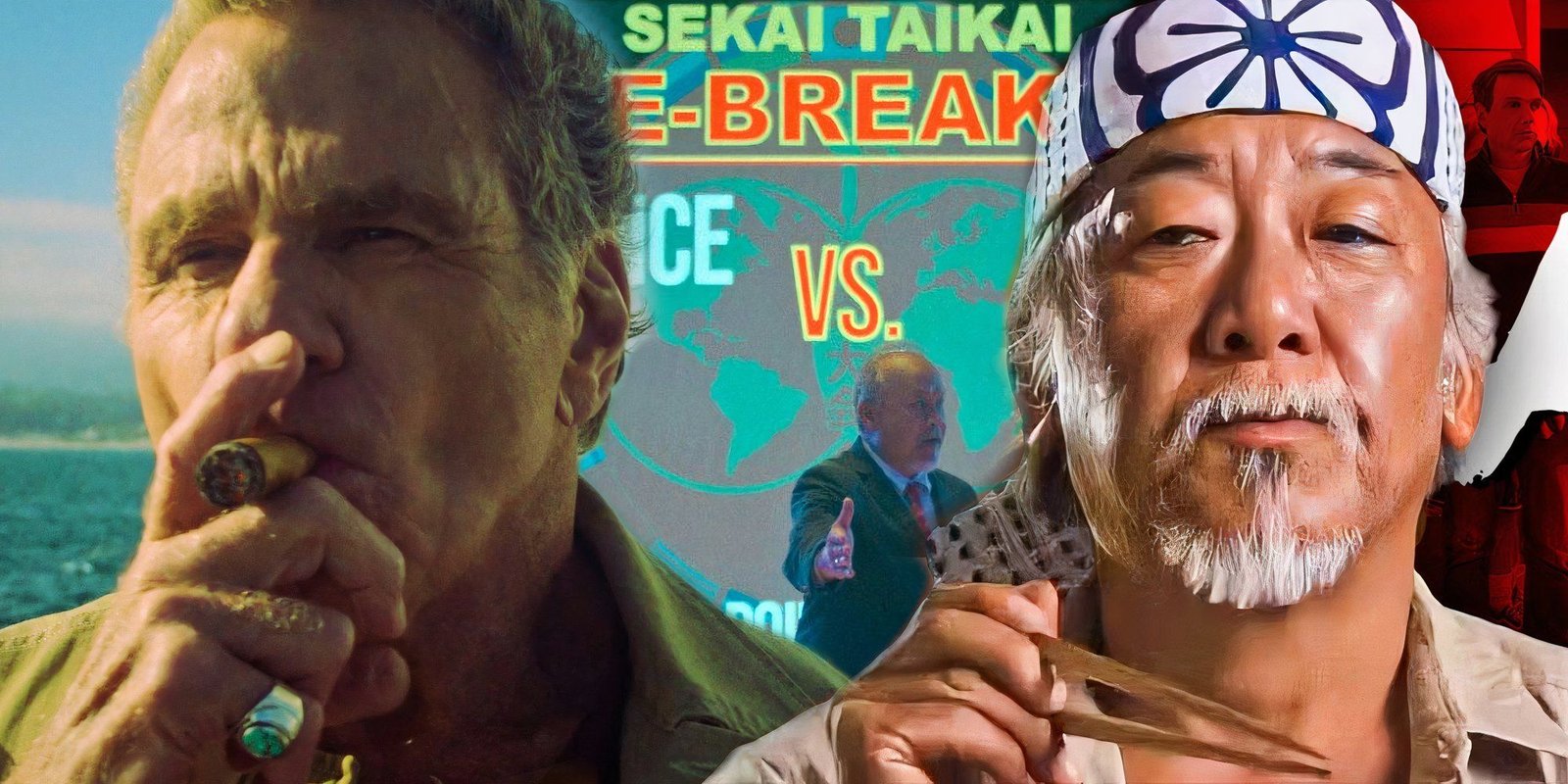 Cobra Kai Ending's Biggest Swings, Secrets & Spinoff Potential Addressed By Composer 2 John Kreese and Mr. Miyagi against the Sekai Taikai background in Cobra Kai