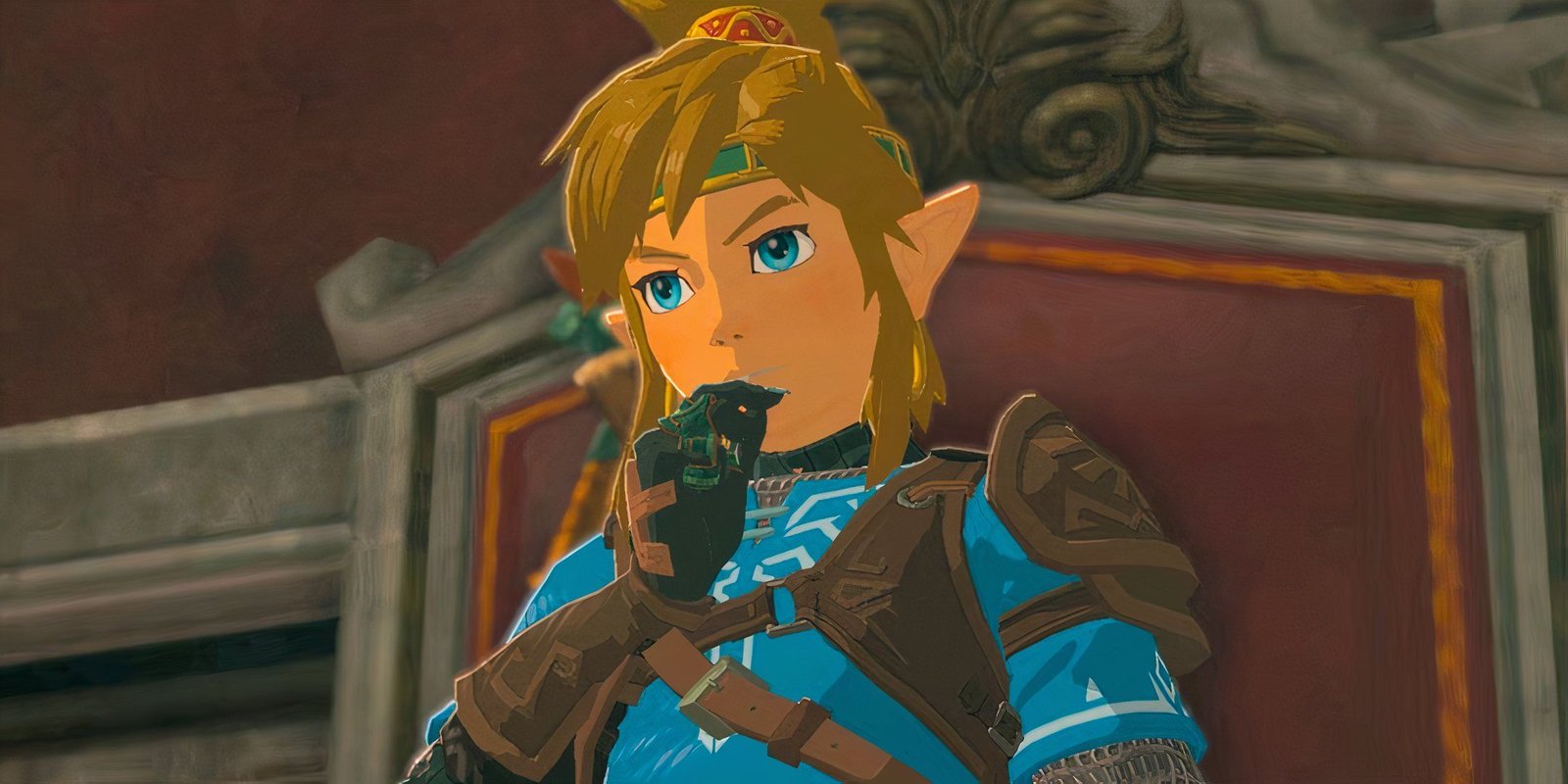 Link from The Legend of Zelda: Tears of the Kingdom sitting and thinking with his hand on his chin.