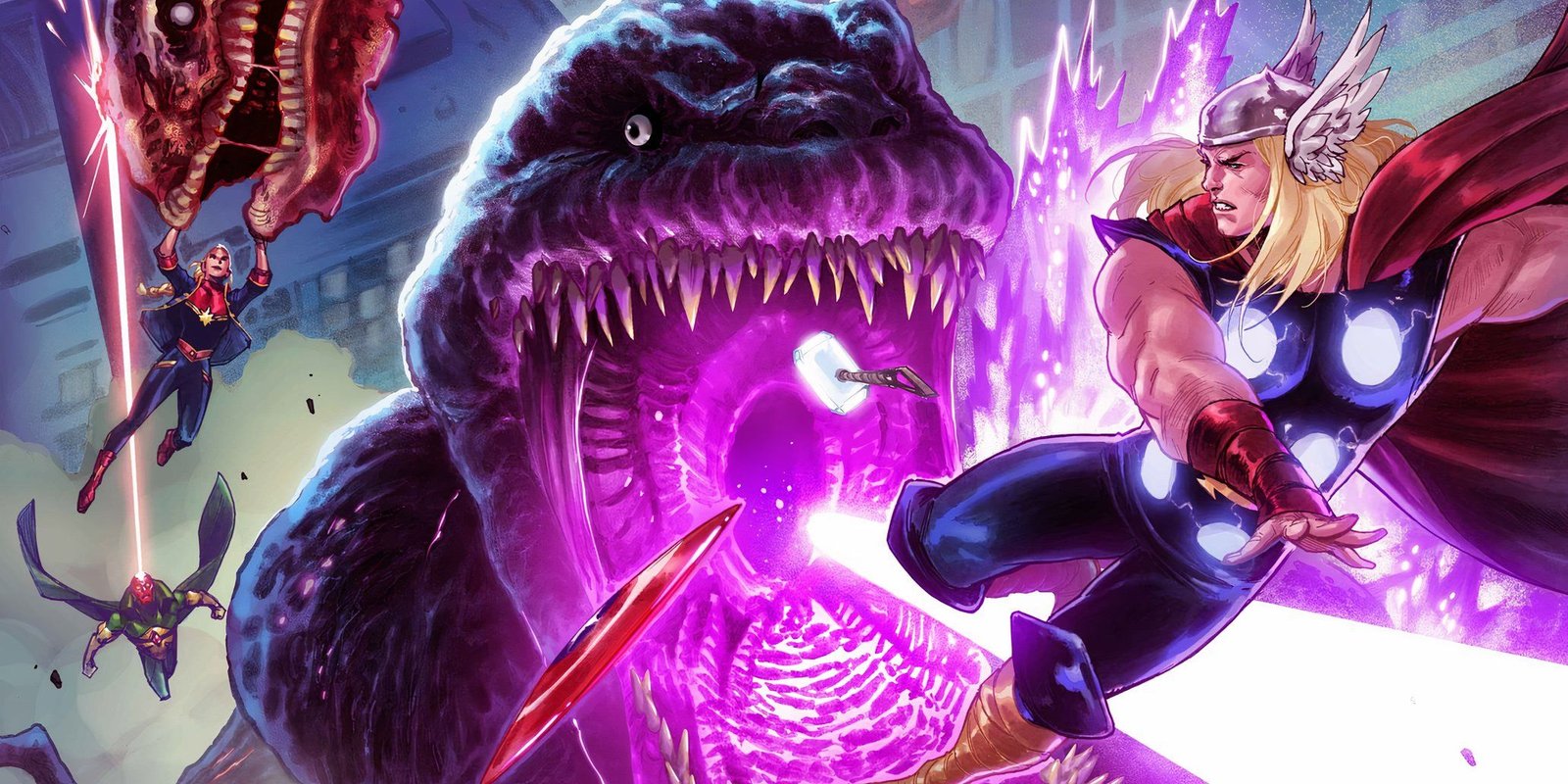 Godzilla Is Set to Destroy the Marvel Universe In an All-New Series, Leaving the MCU Jealous 2 Godzilla fights Thor and the other Avengers