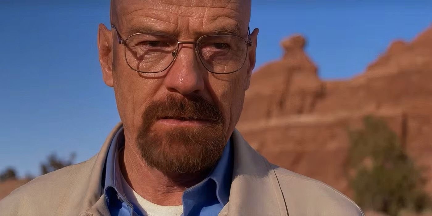 Walter White looking mad in the desert in Breaking Bad
