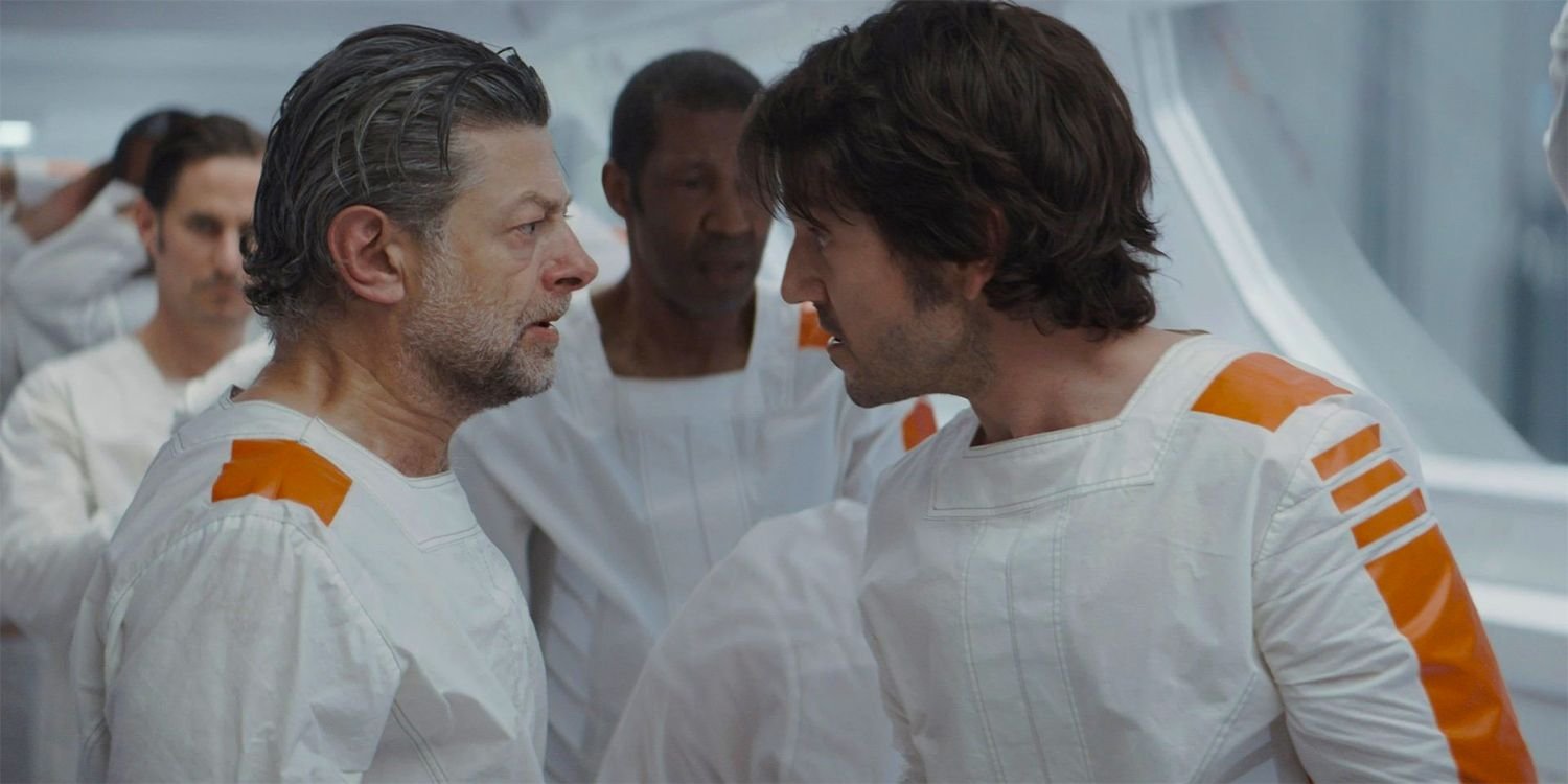 andy serkis as kino loy & diego luna as cassian in andor episode 9