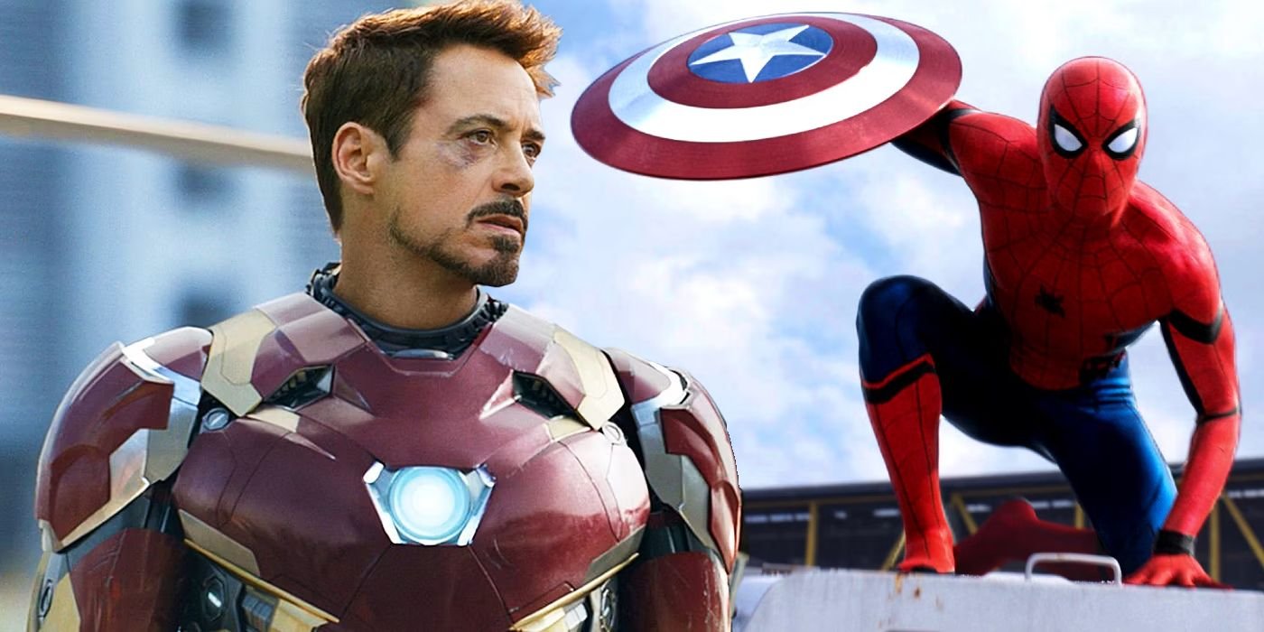 An unmasked Iron Man from Civil War stands next to Spider-Man holding Captain America's shield