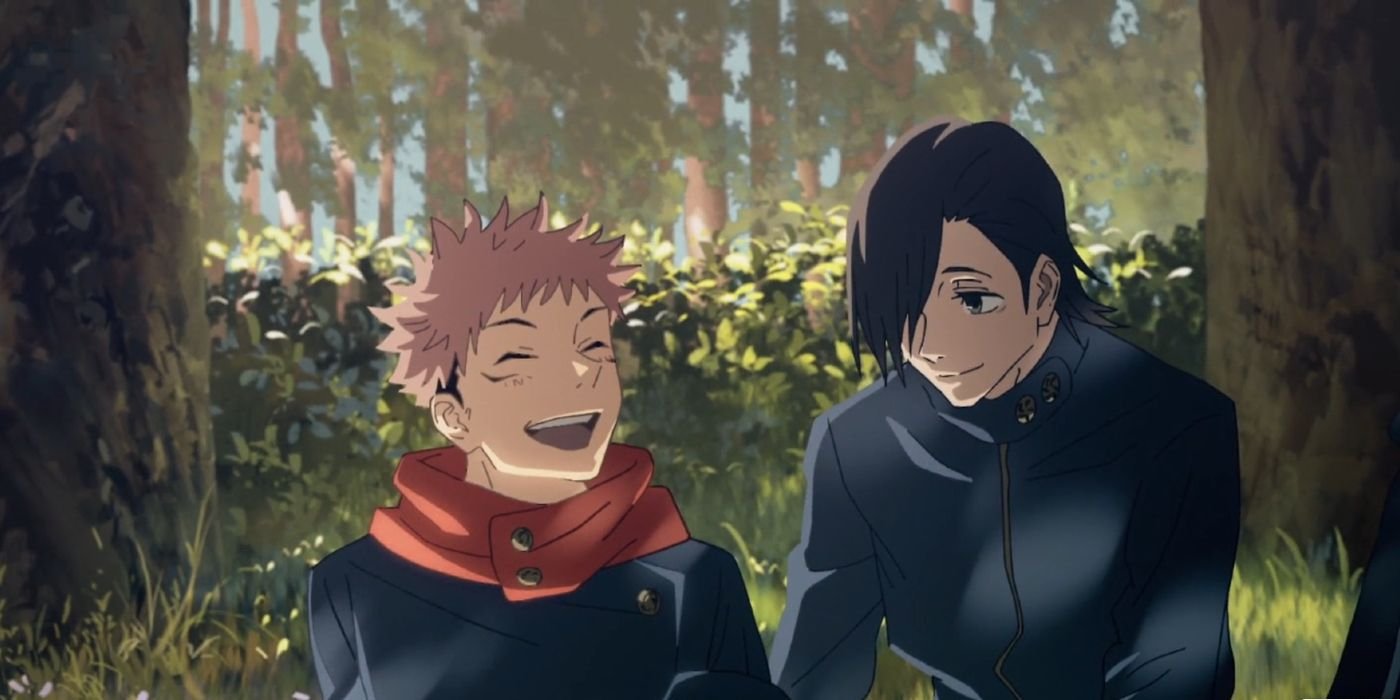 Yuji and Junpei smiling in Jujutsu Kaisen's first opening