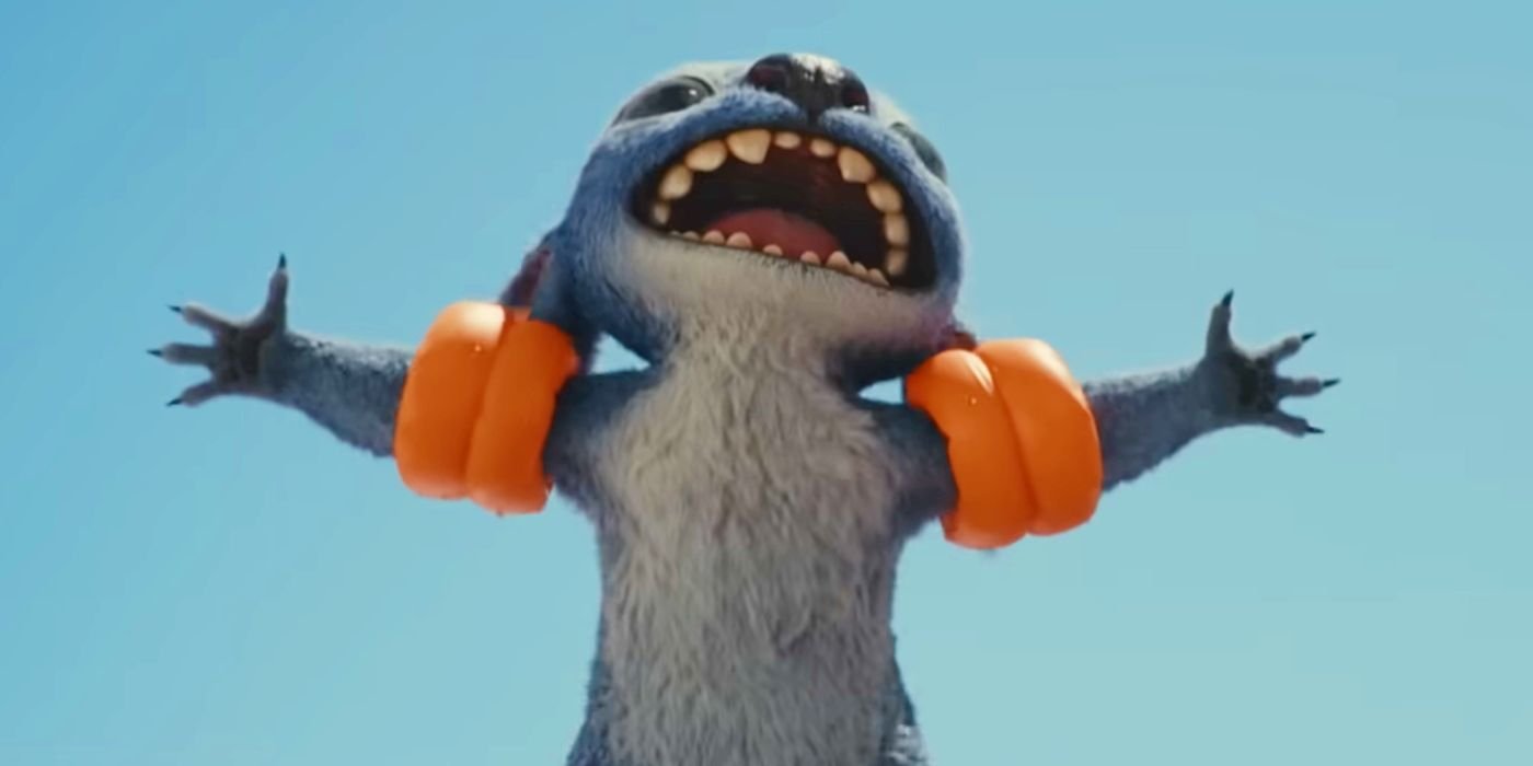 Stitch spreading his arms while wearing water wings in Lilo & Stitch 2025
