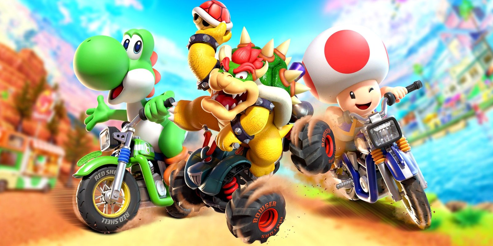 Mario Kart World characters on a road from the game