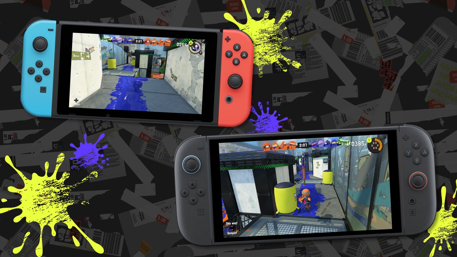 A Switch and Switch 2 both showing Splatoon 3 on-screen.