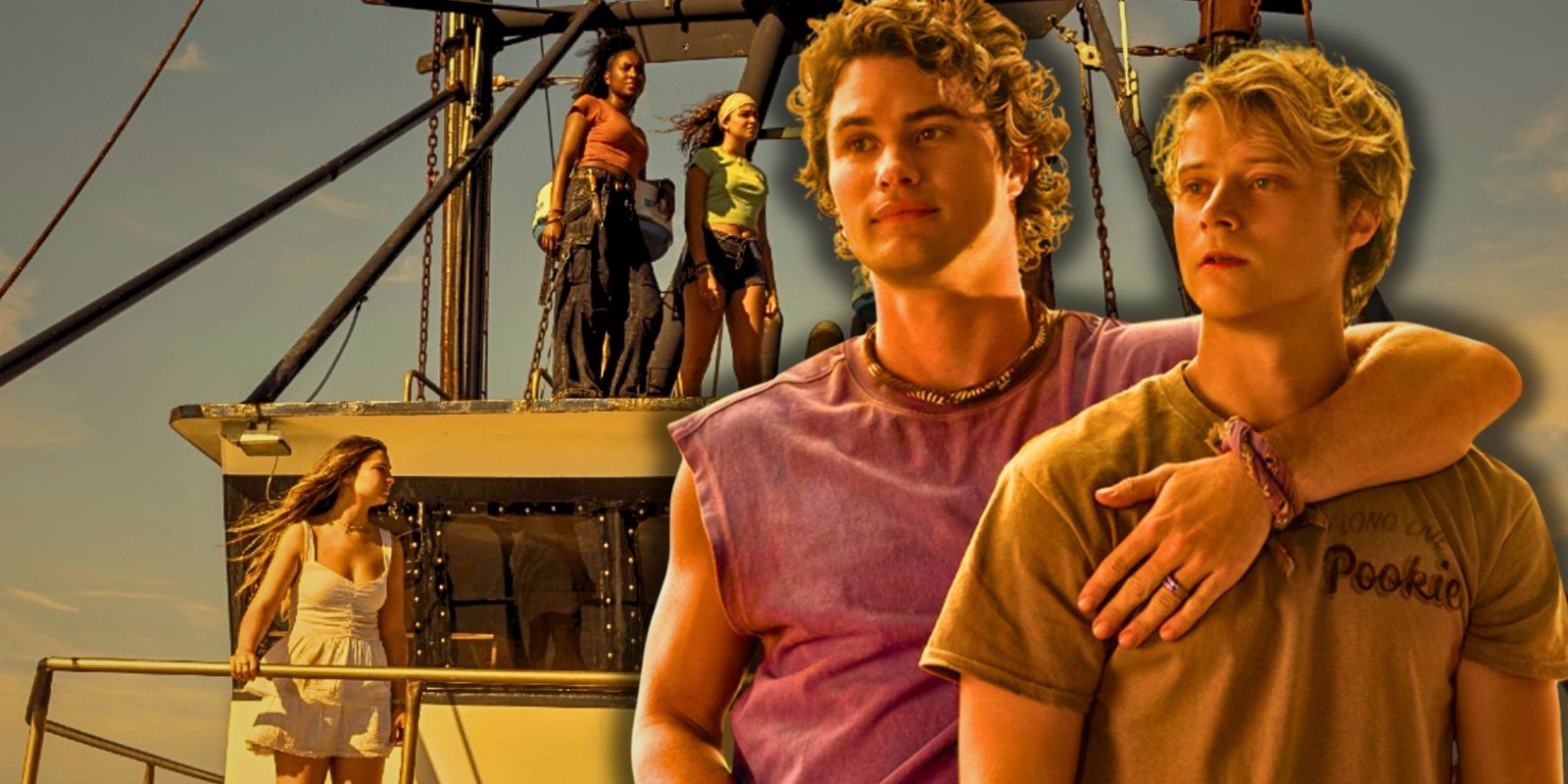 Outer Banks Season 5 Looks Like It's Finally Solving The Biggest Cameron Family Mystery After 5 Years 2 John B with his arm around JJ with the Pogues on a boat in the background in Outer Banks