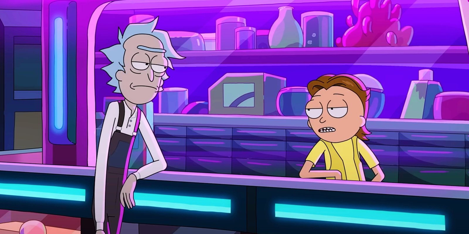 Homesteader Rick and Arcade Morty behind a purple-lit bar in Rick and Morty season 8
