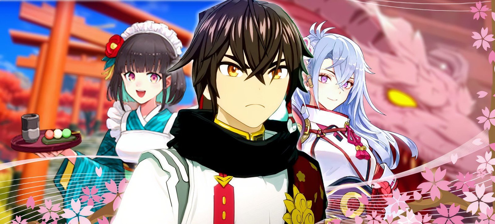 Rune Factory: Guardians Of Azuma Review 3 Rune factory guardians of azuma main character with two other characters behind him and japanese inspired dragon and torii gates-1