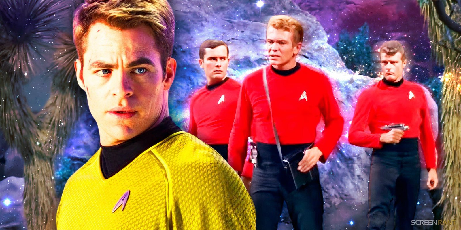 Chris Pine as Captain Kirk and redshirts from Star Trek: The Original Series.