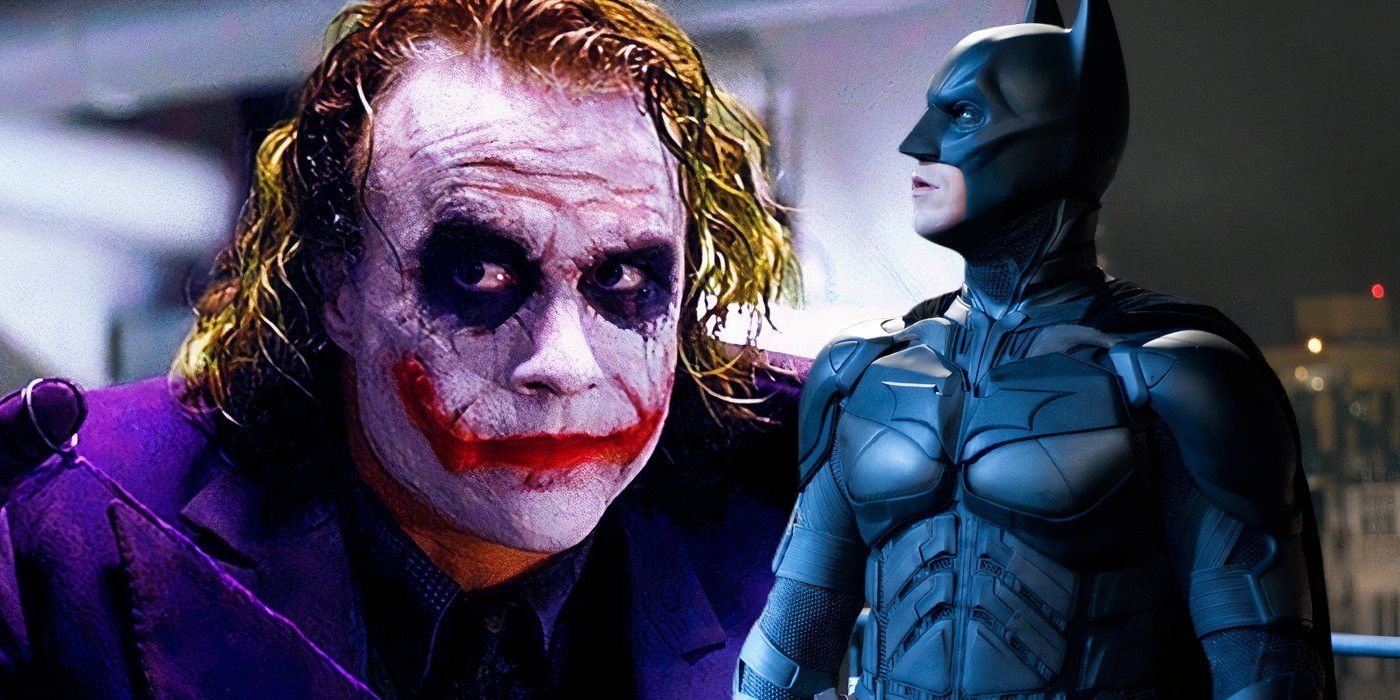 Christian Bale as Batman and Heath Ledger as The Joker in The Dark Knight