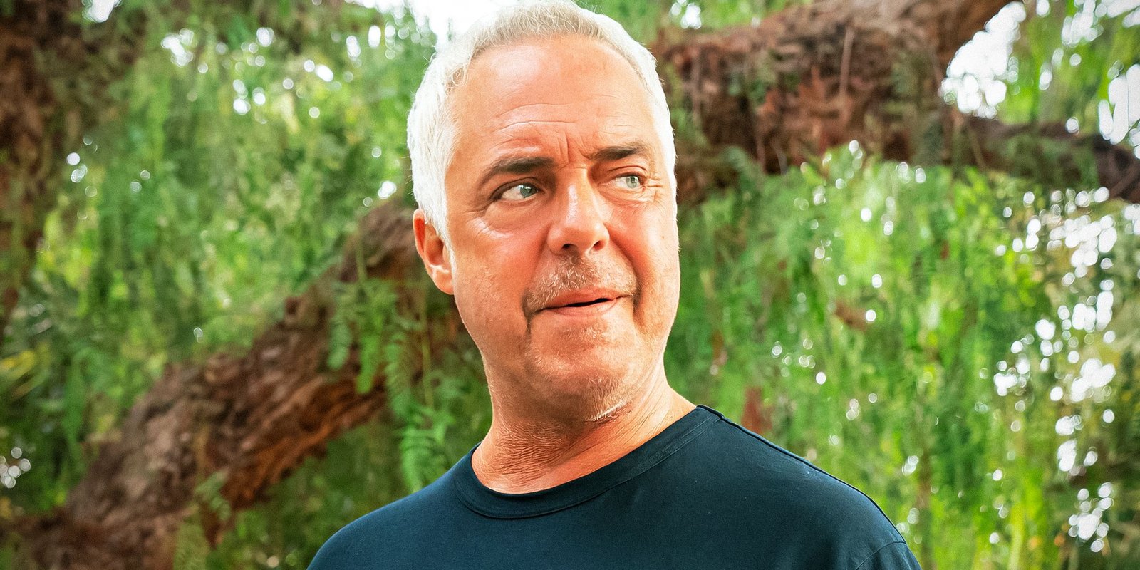 Titus Welliver as Harry Bosch looking to the right of the screen with a tree behind him in Bosch: Legacy